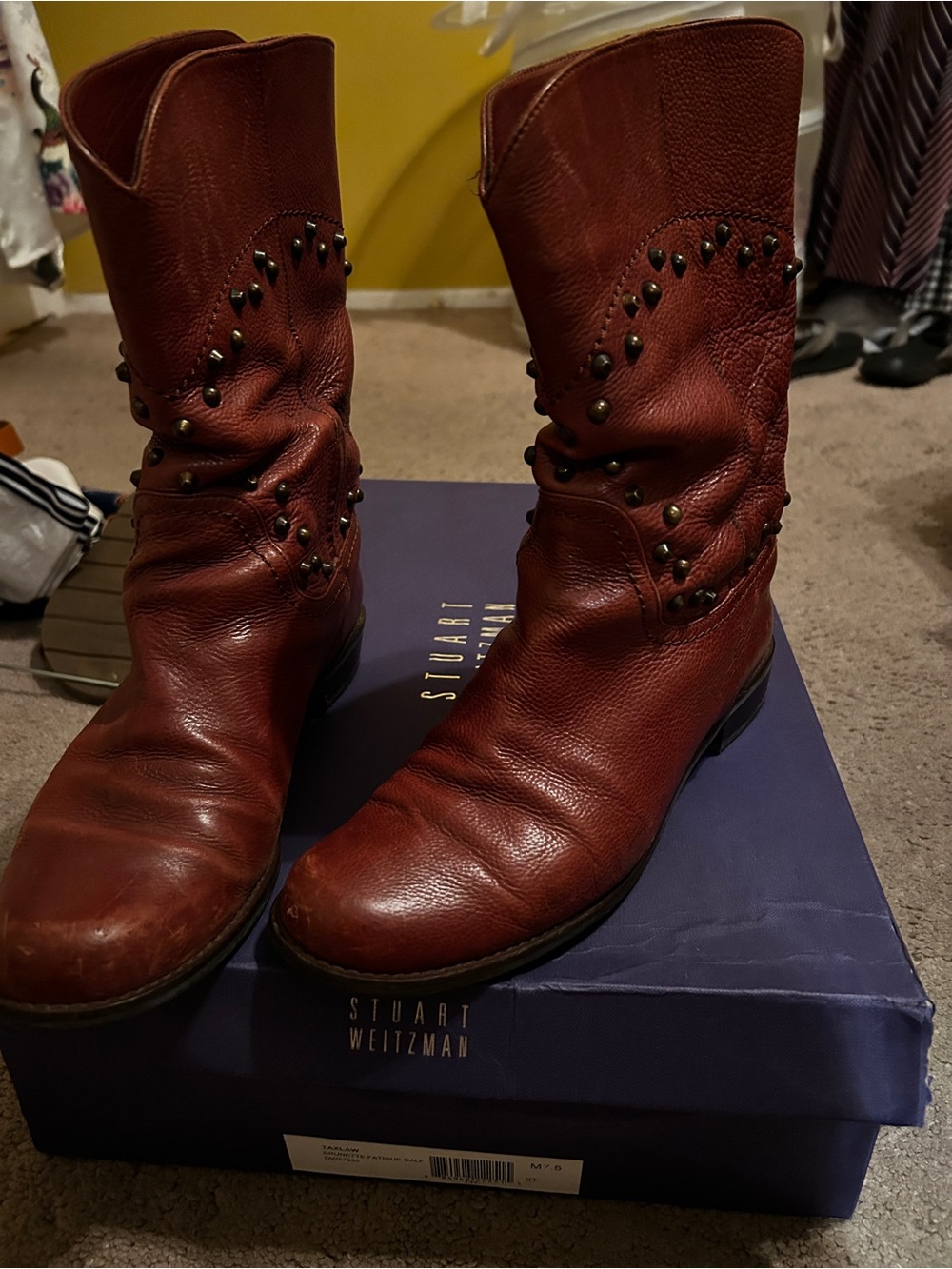 Stuart Weitzman Red-Brown Studded Leather Ankle Booties